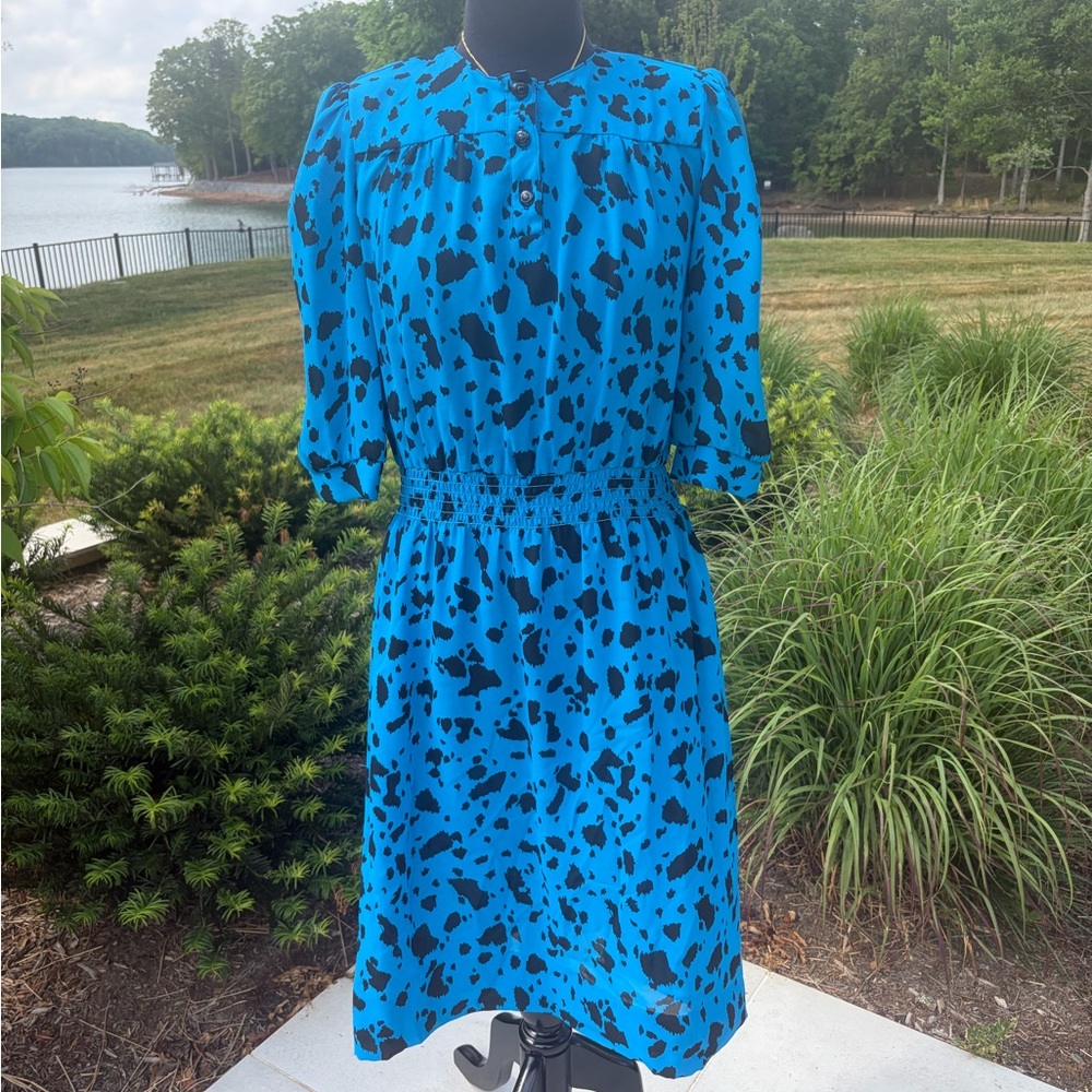 Vintage 80s Electric Blue Abstract Print Midi Dress Medium Statement Power Dress - Picture 2 of 5